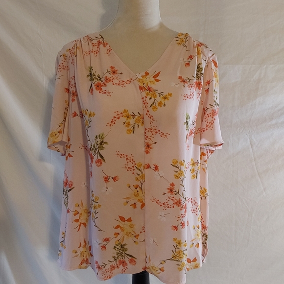 Liz Claiborne Tops - Liz Claiborne Pink Floral Cap Sleeve Blouse Women's Size 1X